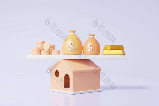 家庭财政教育管理资金与家庭平衡的概念。最小的漫画。横幅。3D渲染。图例