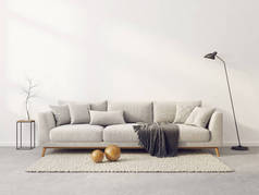 有沙发的现代客厅。3D例证。斯堪的纳维亚内陆
