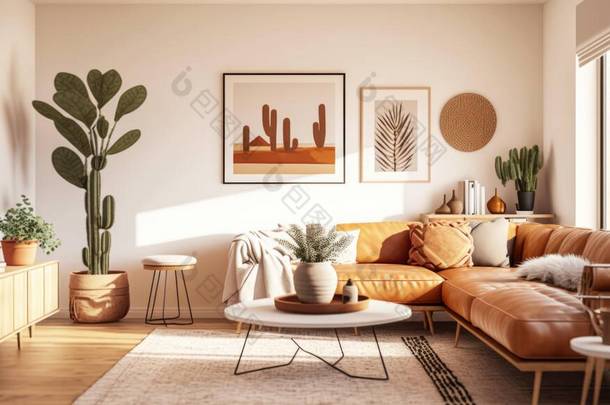 有沙发咖啡桌和盆栽植物客厅的客厅- -摄影写实主义室内设计