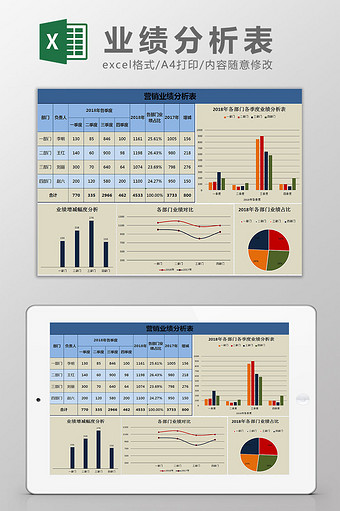 蓝色 营销业绩分析表 excel模版图片