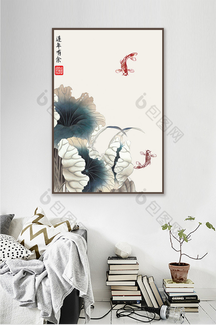 中式花卉荷花莲花锦鲤山水水墨风格装饰画图片图片