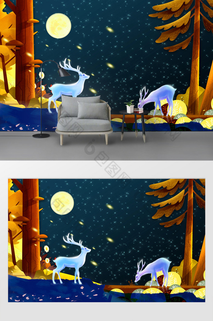 现代唯美夜晚月色树林麋鹿电视背景墙图片图片
