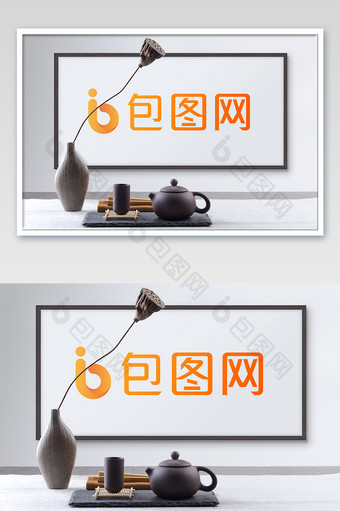 简约素雅茶具插花白底环境广告画框海报样机图片