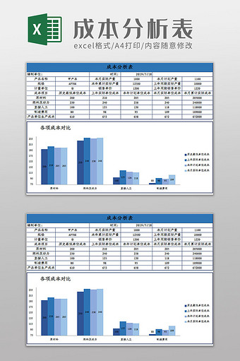 蓝色成本分析表excel模板图片