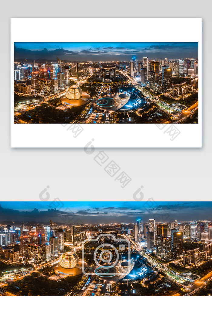 钱江新城日月地标 超清全景航拍 日落夜景图片图片