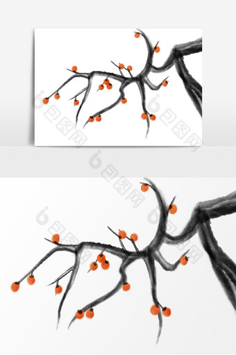 中国风水墨风手绘柿子柿子树卡通元素图片