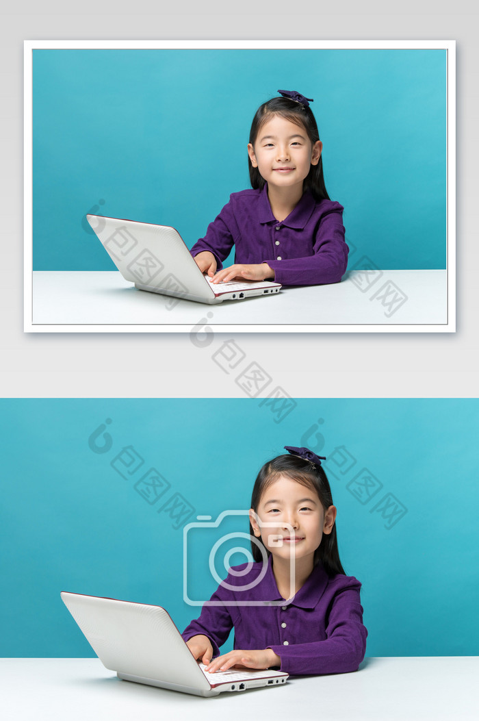 点击电脑键盘的小女孩图片图片