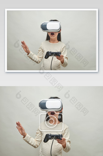 戴VR眼镜伸手探索张嘴惊讶图片