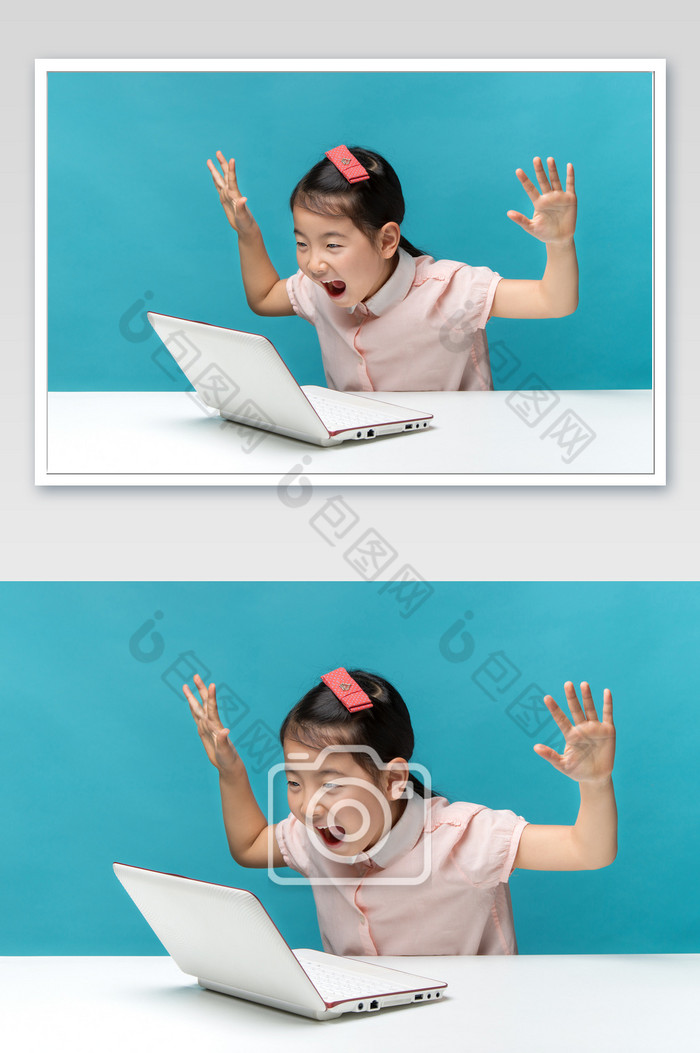穿粉色衣服在电脑前张牙舞爪的小女孩图片图片