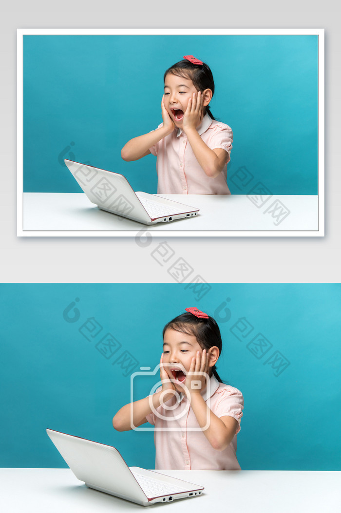 穿粉色衣服在电脑前捂脸的小女孩图片图片