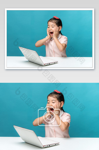 穿粉色衣服在电脑前捂脸的小女孩图片