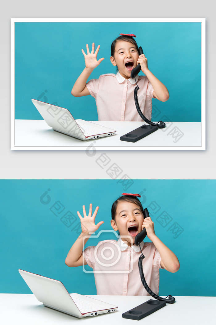 在电脑前接电话大笑的小女孩图片图片