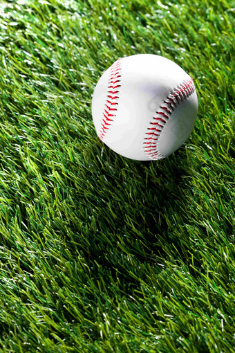 俯拍草地上一只白色皮质棒球