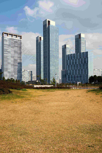 韩国仁川中央公园高楼前草坪