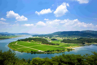 蓝天白云水稻种植绿色生态环境