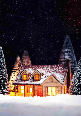 圣诞节雪花小木屋场景概念摄影图