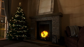 3d现代<strong>室内设计</strong>与装饰圣诞树和客厅