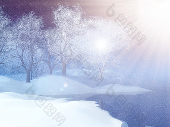 阳光下的冬季雪景摄影图