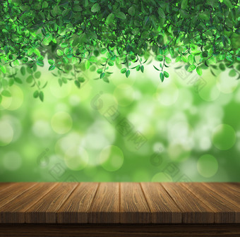 木甲板在一个绿色叶子<strong>背景</strong>