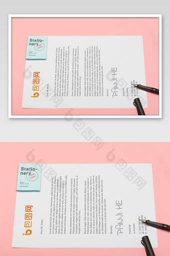 粉色干净写字桌面A4纸办公用品样机图片
