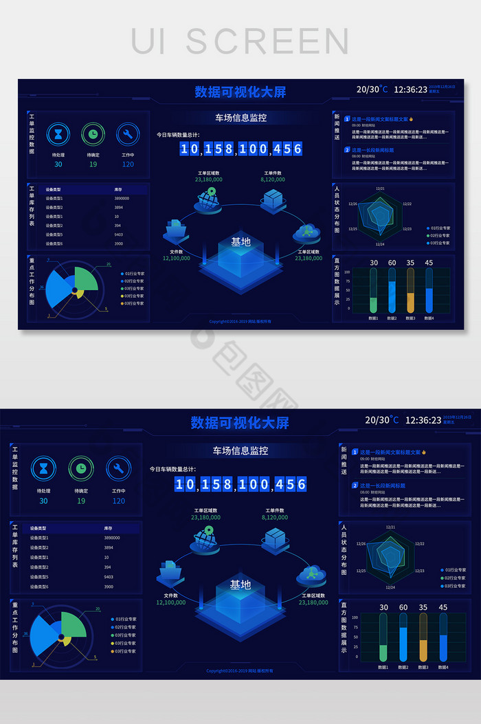 蓝色科技风可视化大数据大屏主界面ui设计