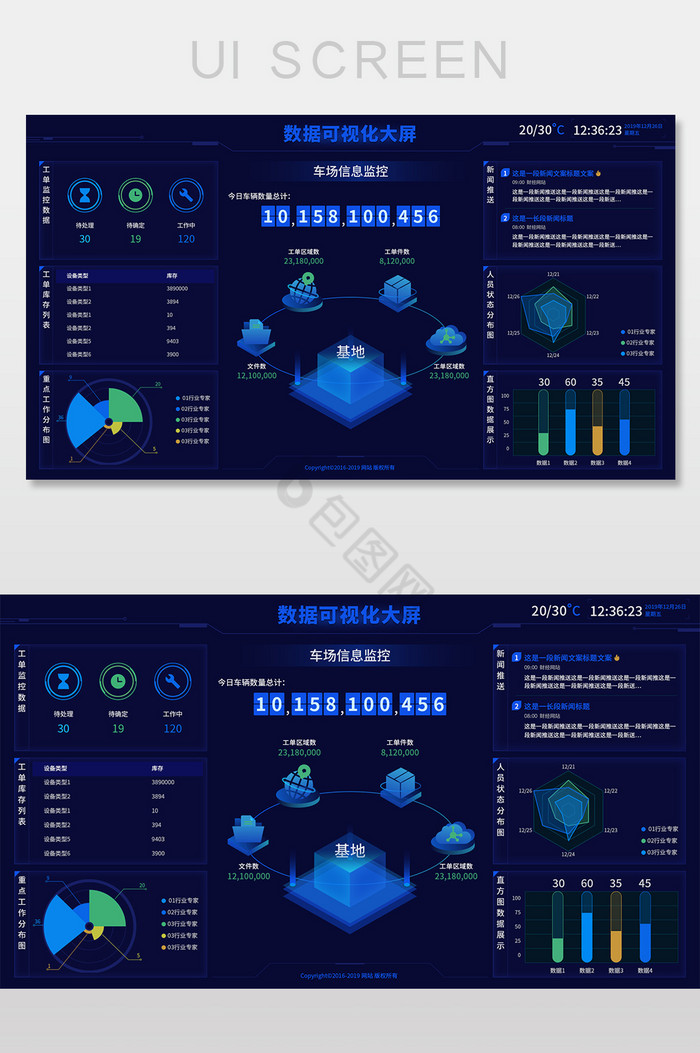 蓝色科技风可视化大数据大屏主界面UI设计