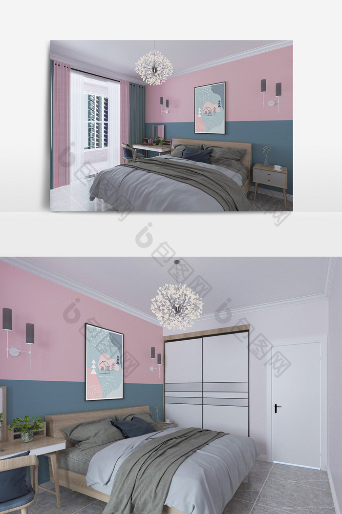 北欧风格粉色蓝色系卧室max效果图图片图片