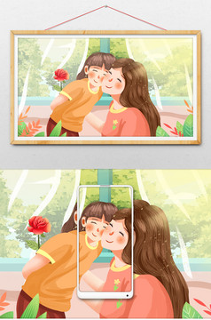 温馨可爱冬天妈妈和女儿一起包水饺插画