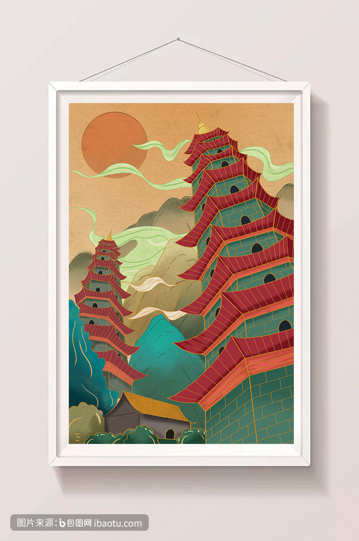 中国风太原双塔寺建筑插画,包图网,图片,素材,模板,免费