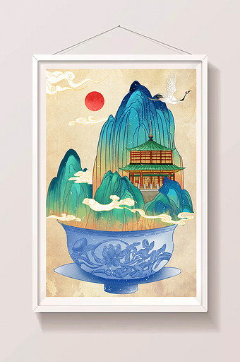 国潮风手绘意境山水仙鹤建筑装饰画创意插画图片