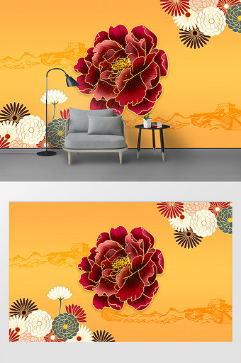 中国传统中式花朵剪影建筑电视背景墙图片