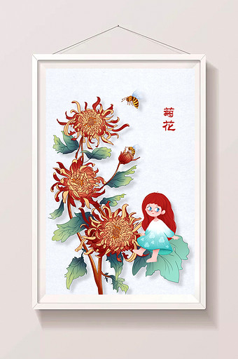 红黄色菊花美女茶叶包装插画图片