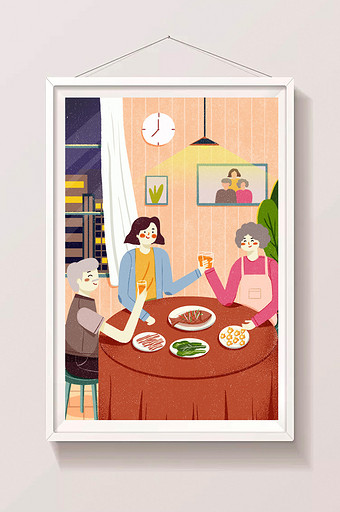 温馨冬季一家人团圆吃饭插画图片