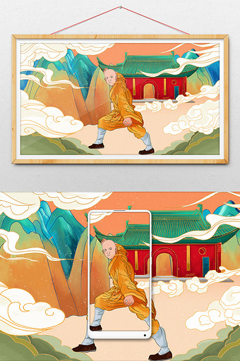 中国风手绘插画少林寺建筑插画图片