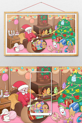 卡通圣诞节圣诞老人姜饼人糖果圣诞树插画图片