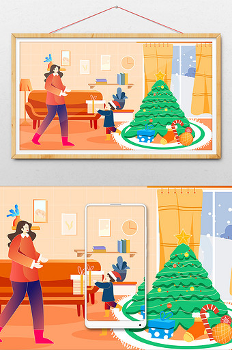 冬季圣诞节亲子送礼物插画图片