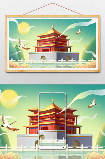 国潮中国风西安城市建筑插画图片