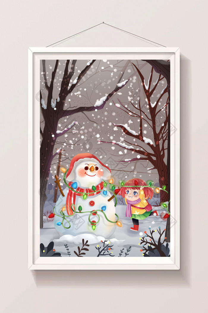 褐色温馨女孩给雪人挂彩灯插画图片图片
