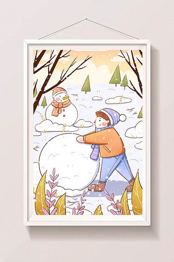 冬天树林男孩堆雪人插画图片