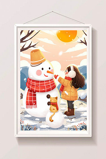 冬天雪地堆雪人女孩与猫小雪大雪插画图片