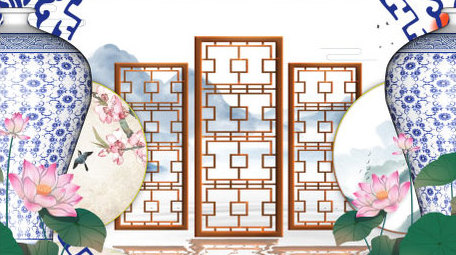 4K高清古典青花瓷屏风舞台背景AE模板