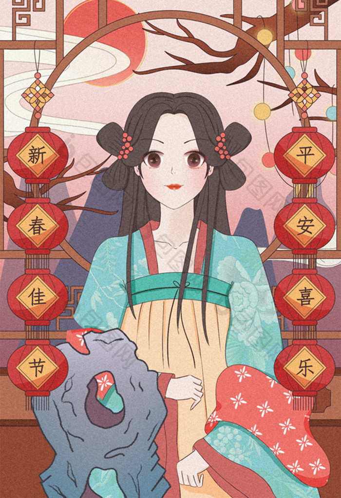 中国风古风美女元旦祝福插画图片