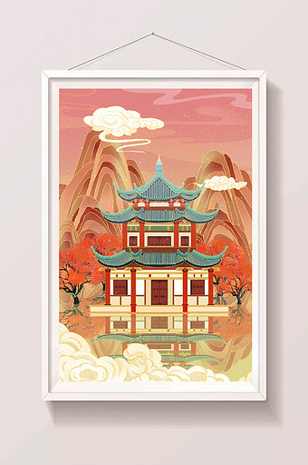 中国风国潮古风梦幻山水建筑插画图片