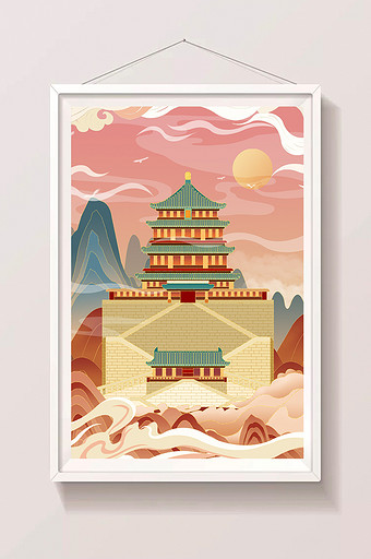 中国风国潮古风梦幻清新山水建筑插画图片
