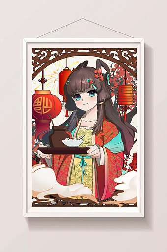 红色喜庆二次元古风美少女元宵节插画图片