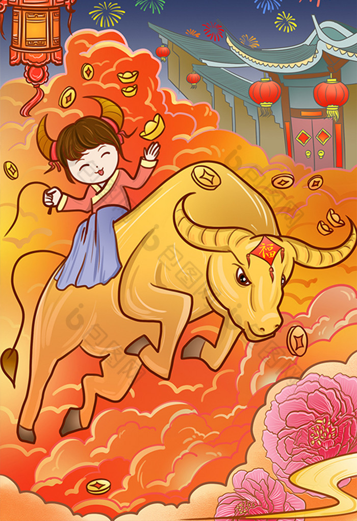 国潮风2021牛年福娃骑牛插画图片