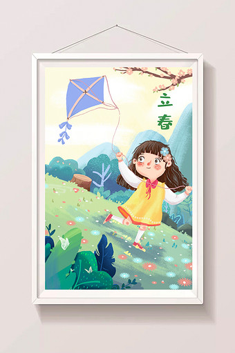 立春中国二十四节气春天放风筝绿色花开插画图片