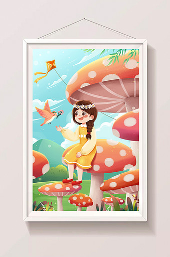 清新二十四节气春分女孩与鸟蘑菇群春天插画图片