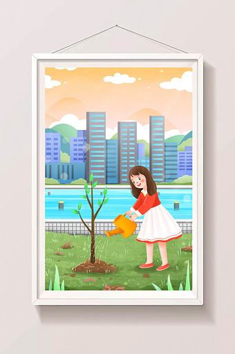 植树节种树给城市增添一抹绿插画图片