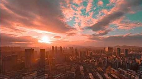 4K航拍城市夕阳落日余晖延时摄影青橙色调